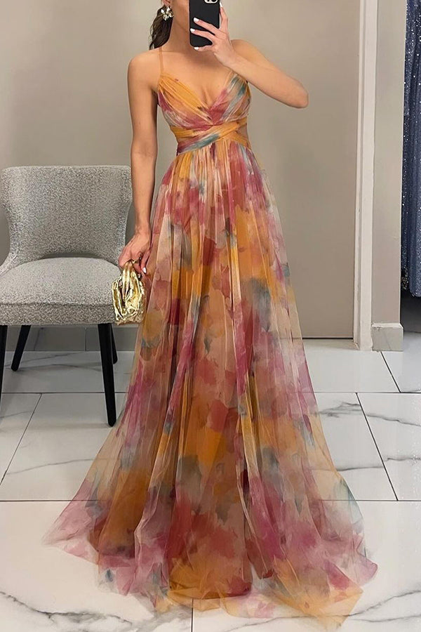 Women's floral mesh maxi dress – Fitted bodice, flowing skirt