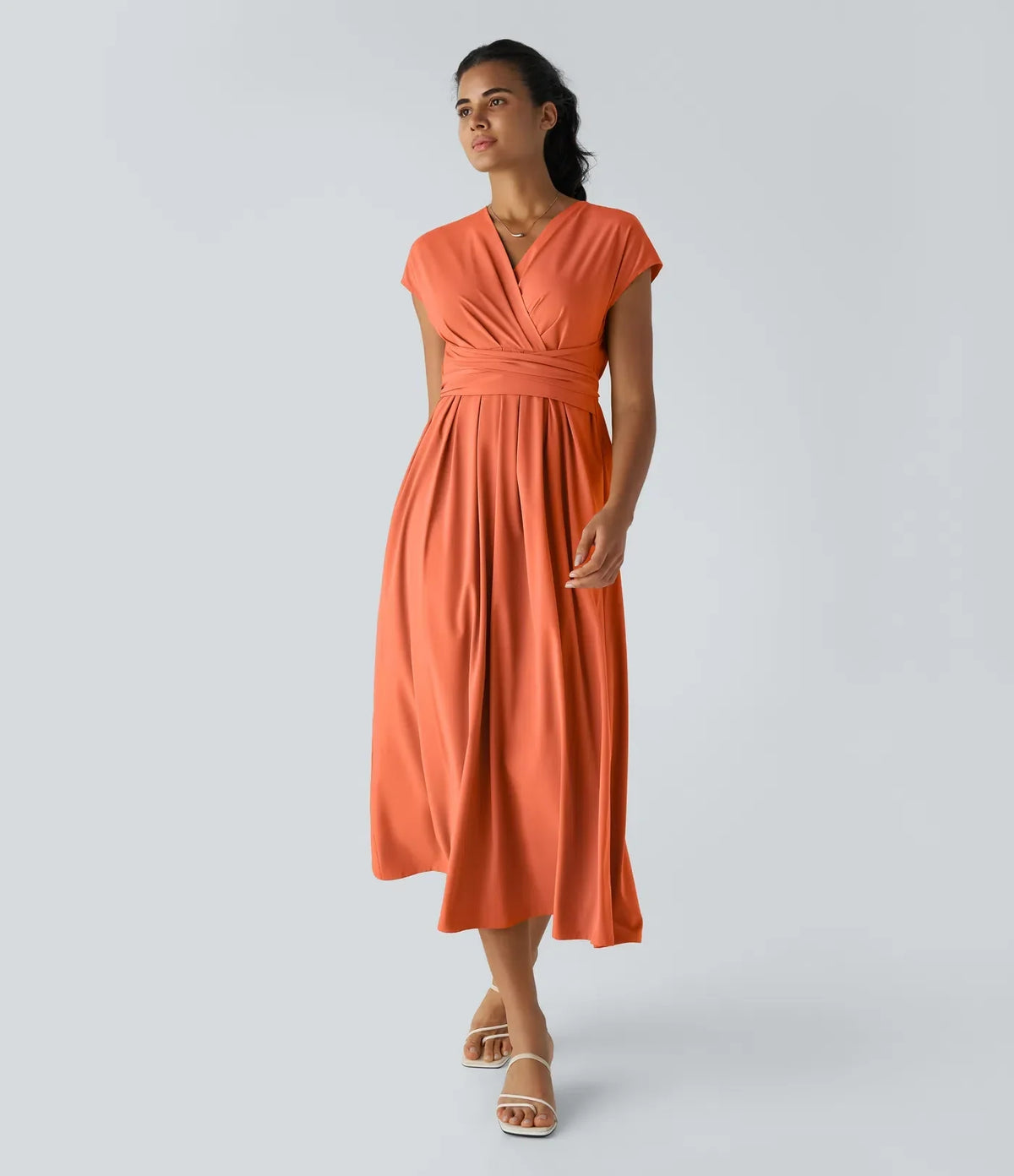 Women's Lightweight V-Neck Midi Dress – Elasticated Waist, Flared Cut