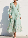 Women’s Chiffon Maxi Dress – Long Sleeves, Pleated Flared Cut