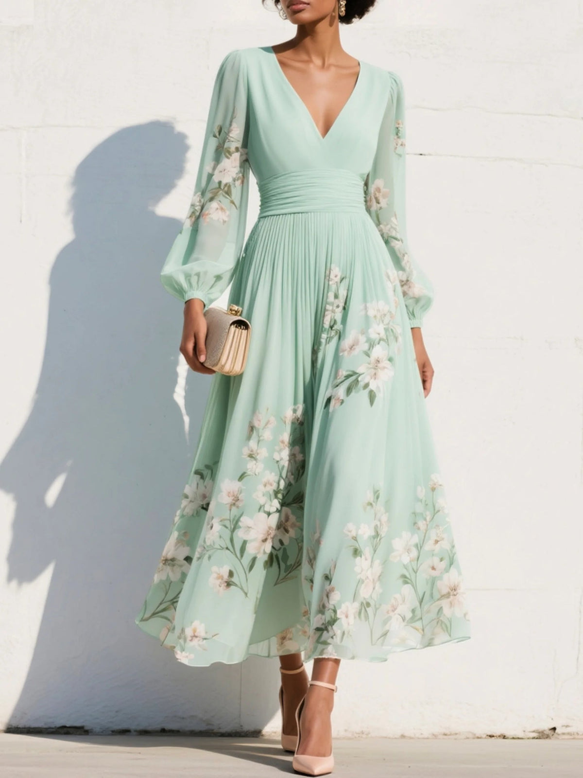 Women’s Chiffon Maxi Dress – Long Sleeves, Pleated Flared Cut