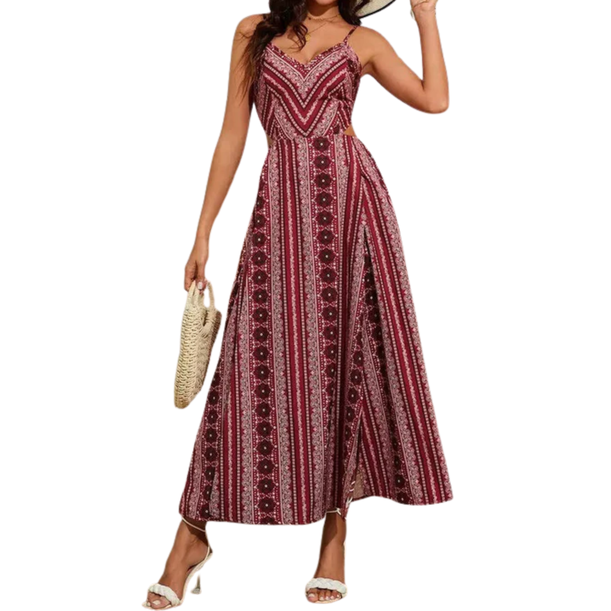 Long Smocked Women's Dress – Thin Straps & Double Thigh Slit