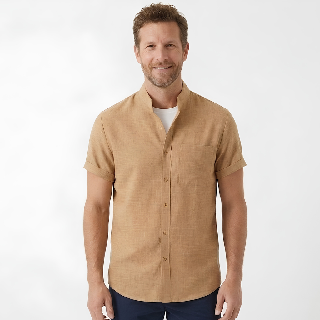 Men's Cotton-Linen Short Sleeve Shirt – Mandarin Collar Straight Cut