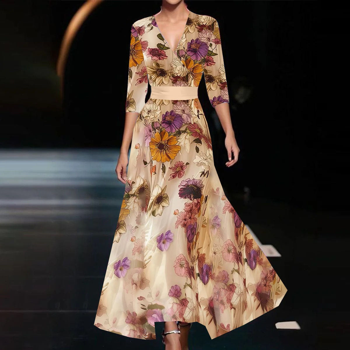 Women's floral A-line maxi dress – V-neck fitted waist
