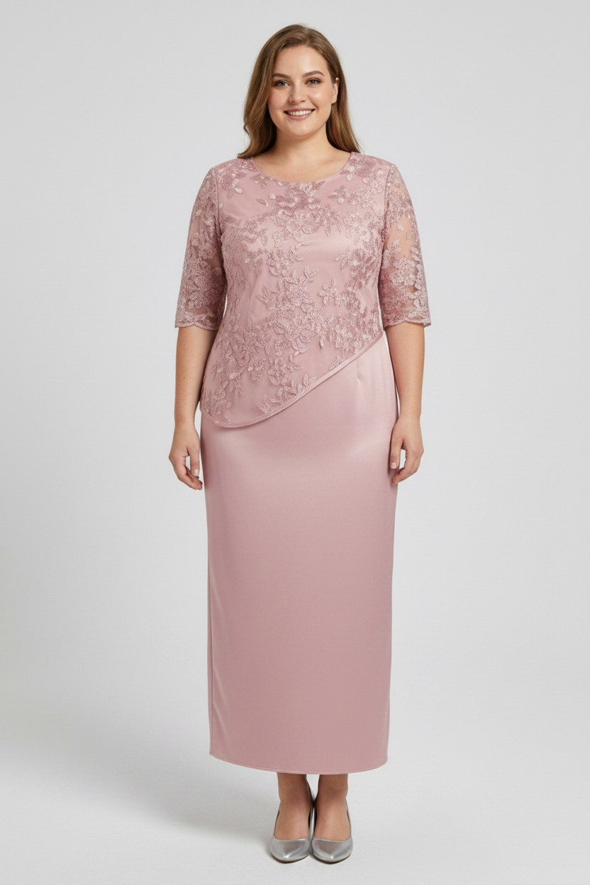 Women's Midi Dress with Floral Embroidery – Lace Sleeves, Straight Cut