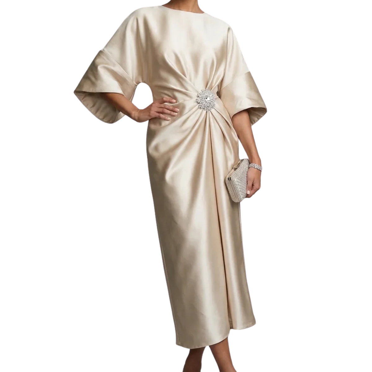 Women's Satin Midi Dress – Batwing Sleeves & Jewel Draped Waist