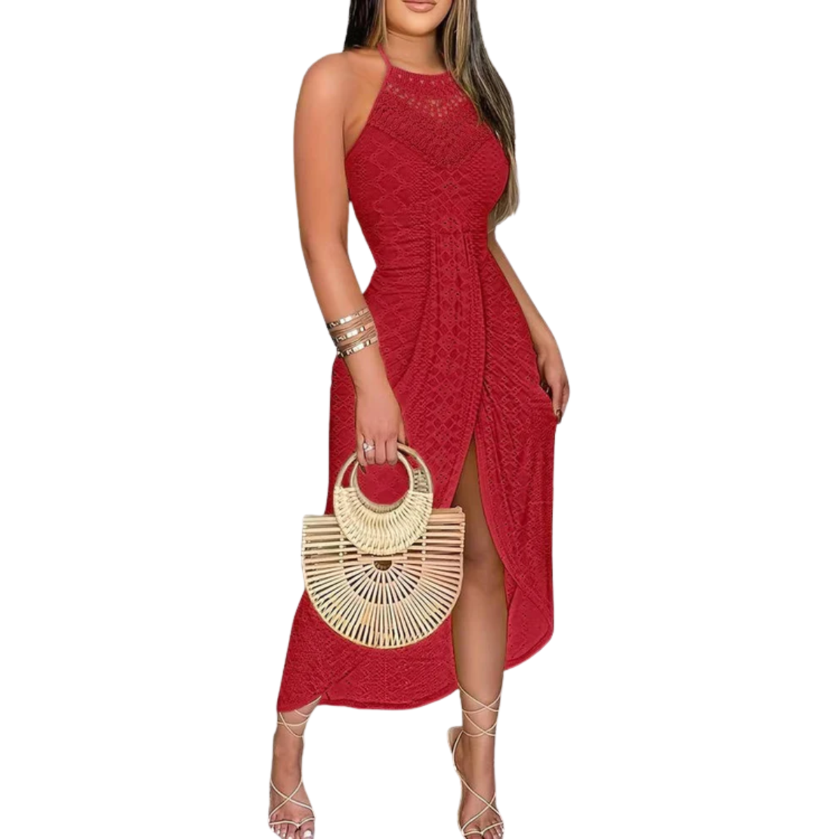 Midi Lace Dress for Women – Halter Neck with Front Slit