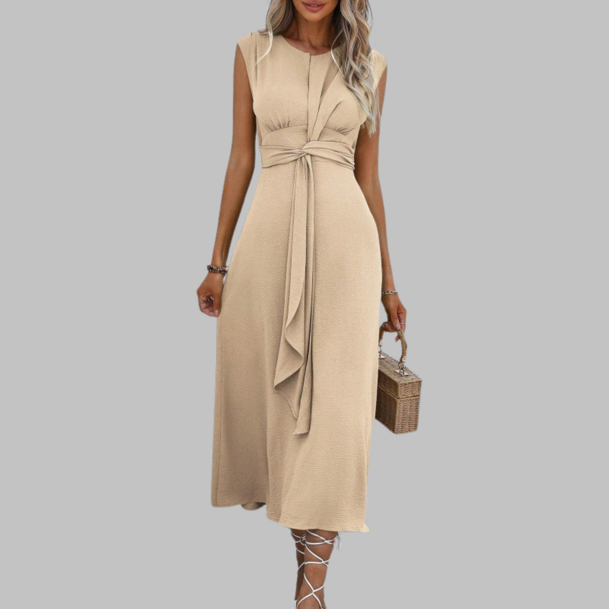 Women's Mid-Length Sleeveless Dress – Round Neck and Tied Belt
