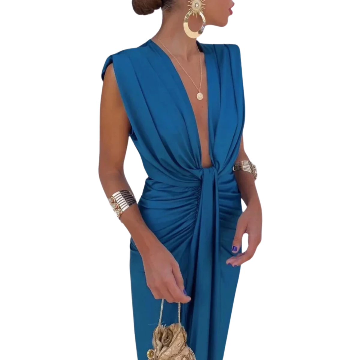 Women's Midi Dress with V-Neck and Gathered Detail – Draped Bow Accent