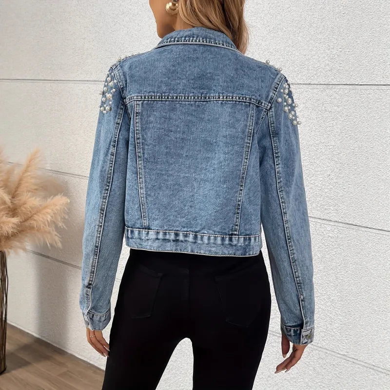 Short Women's Denim Jacket with Pearls – Relaxed Fit