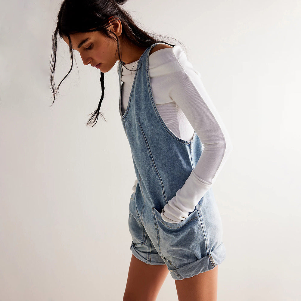 Women's Short Denim Jumpsuit – Oversized Sleeveless Cut with Pockets