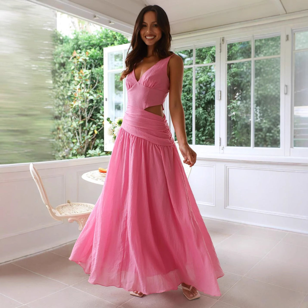 Women’s Fluid Drop-Waist Maxi Dress – V-Neck, Cut-Out Detail