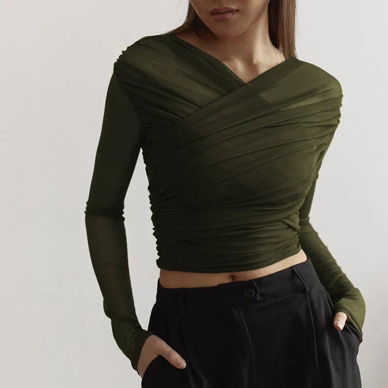 Women's Pleated Long-Sleeve Top – Elegant Fitted Cut