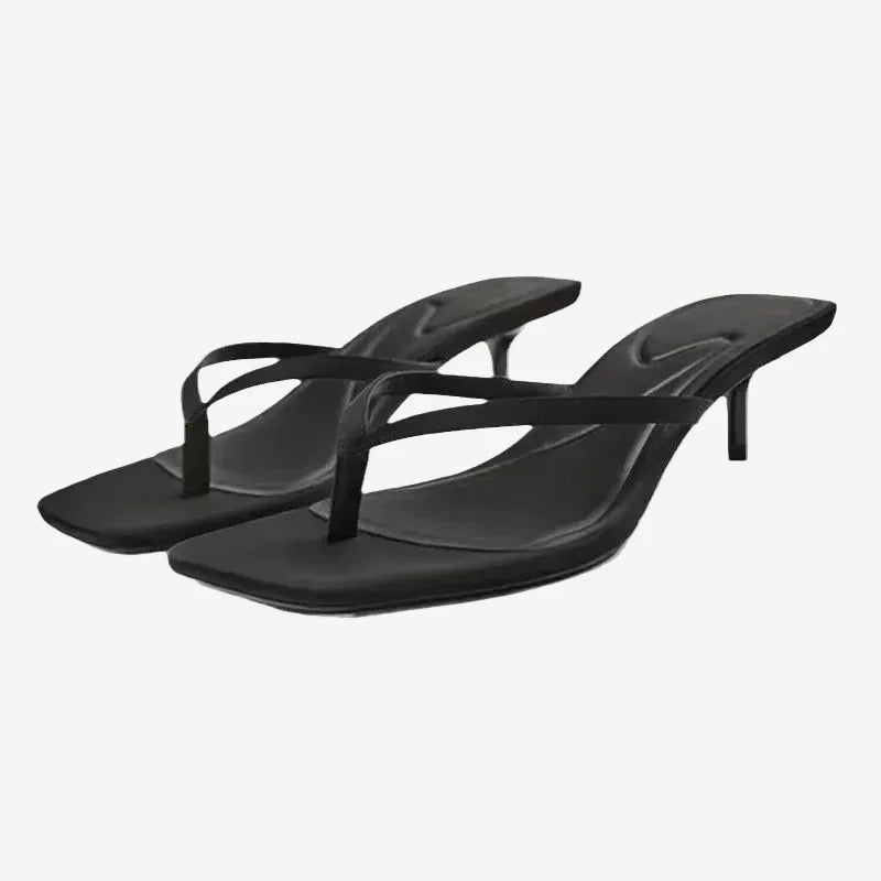 Women's Square Toe Sandals with Kitten Heel – Minimalist Thin Straps