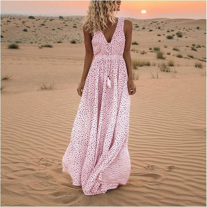 Women's Bohemian Polka Dot Maxi Dress – V-Neck Sleeveless