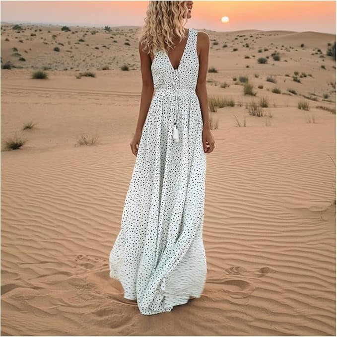Women's Bohemian Polka Dot Maxi Dress – V-Neck Sleeveless