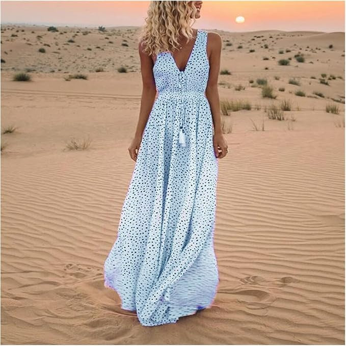Women's Bohemian Polka Dot Maxi Dress – V-Neck Sleeveless