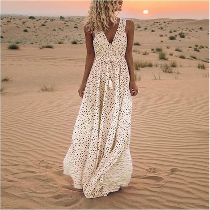 Women's Bohemian Polka Dot Maxi Dress – V-Neck Sleeveless
