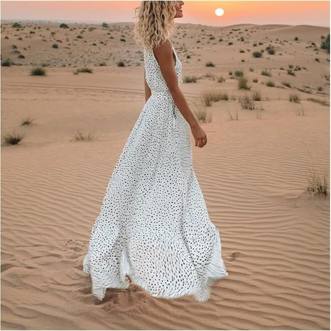 Women's Bohemian Polka Dot Maxi Dress – V-Neck Sleeveless