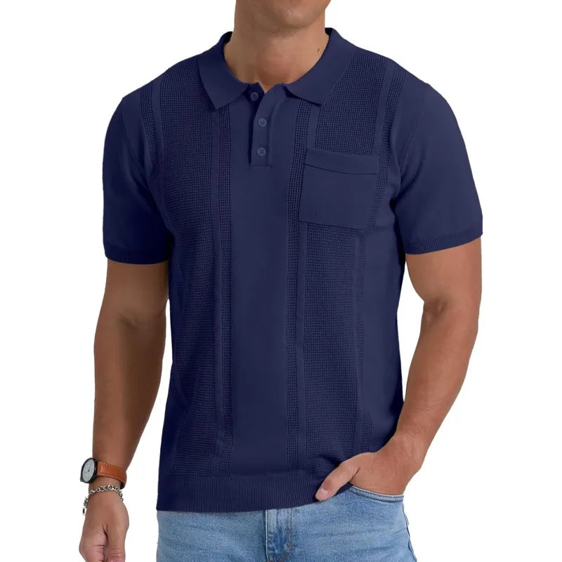 Men's Fine Knit Polo – Ribbed Edges and Textured Panels