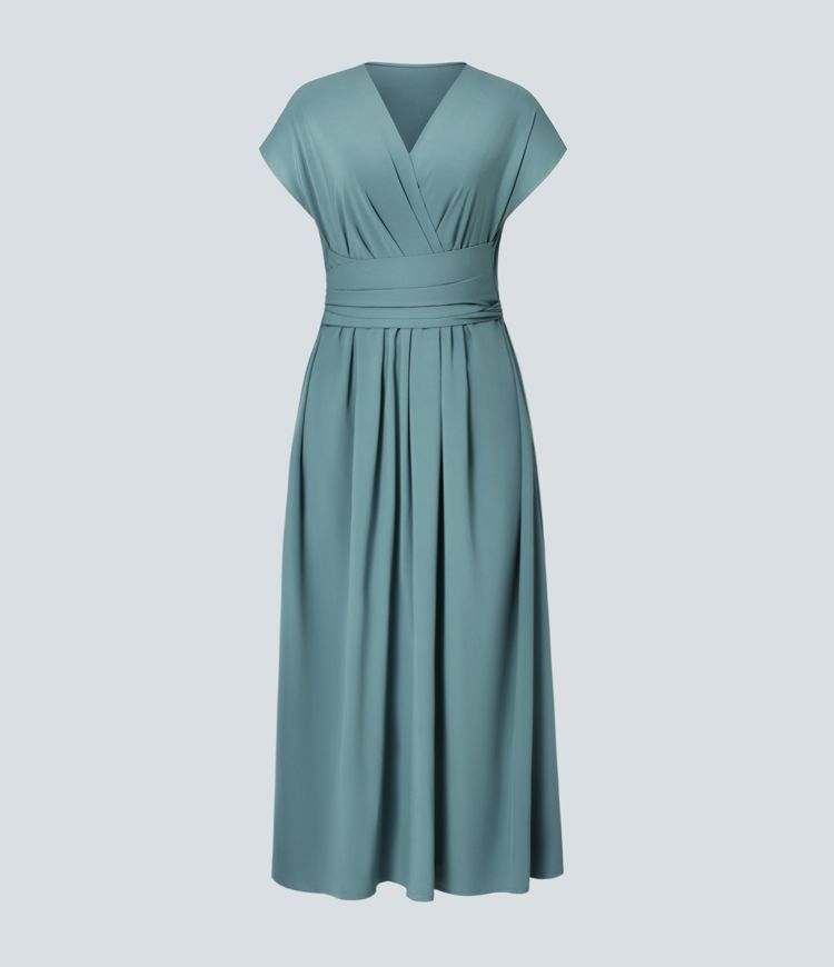 Women's Lightweight V-Neck Midi Dress – Elasticated Waist, Flared Cut