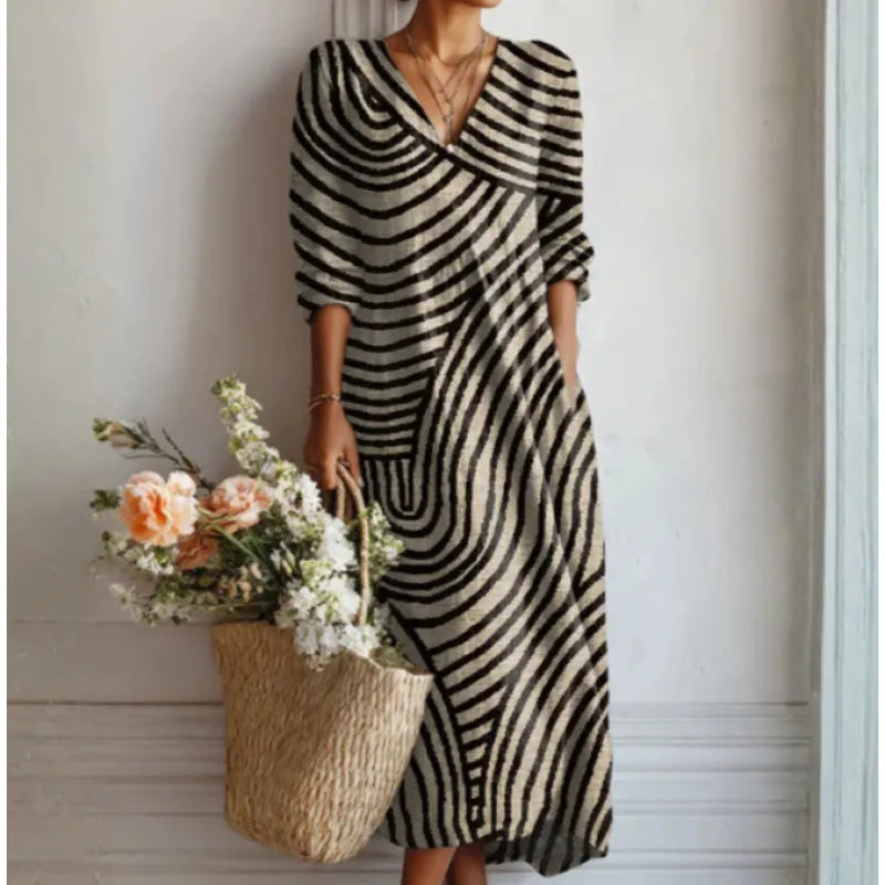 Women's Long-Sleeve Linen Dress – Relaxed Midi Fit