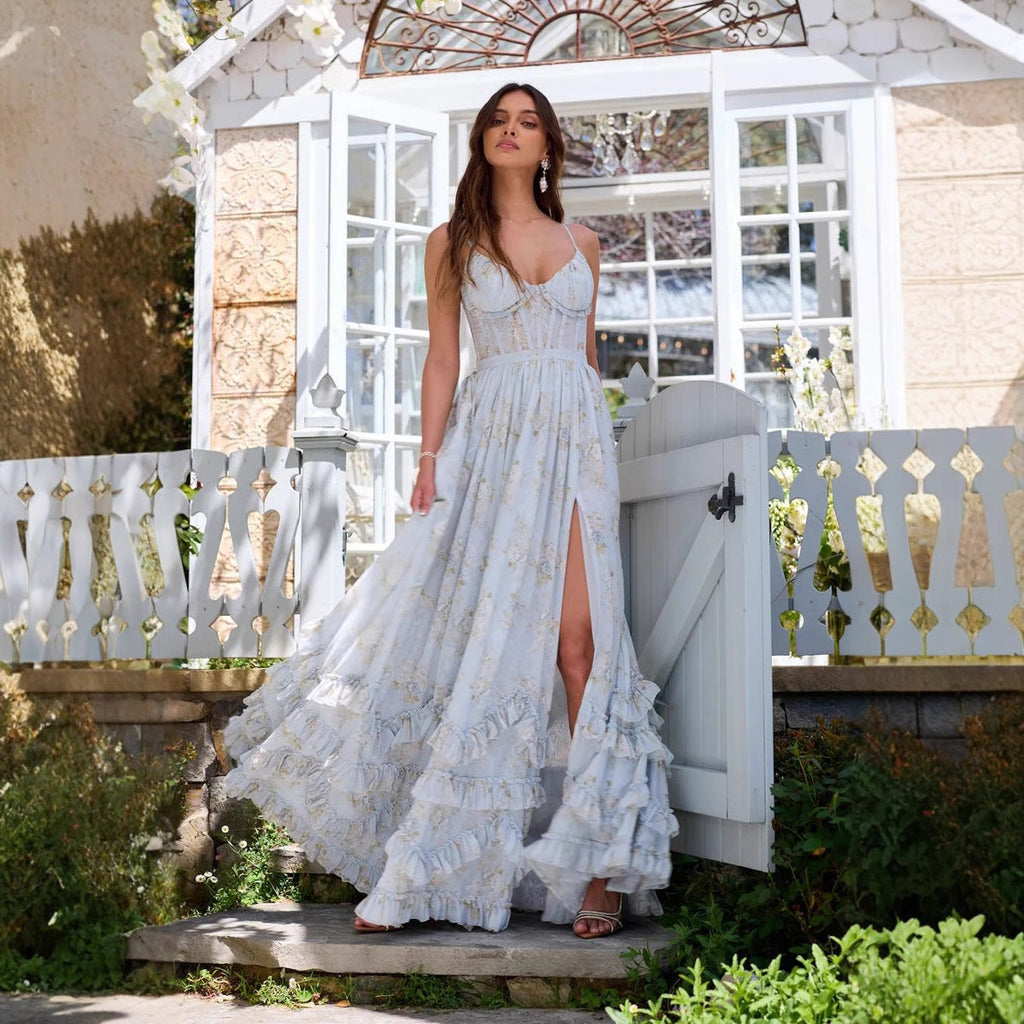 Women's Long Floral Chiffon Dress – A-Line Cut with Straps Style