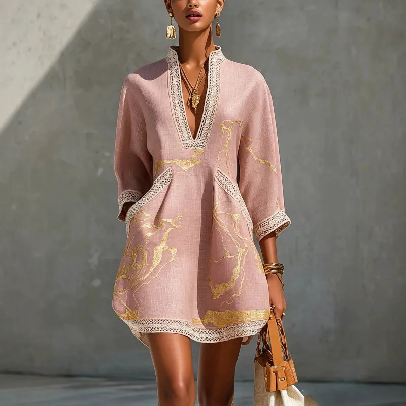 Women's Mini Dress V-Neck Lace – Casual Three-Quarter Sleeves
