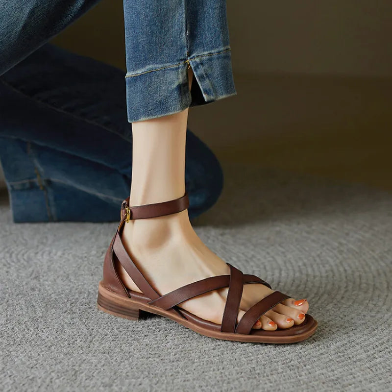 Flat Women's Sandals – Crossed Straps and Ankle Strap with Buckle