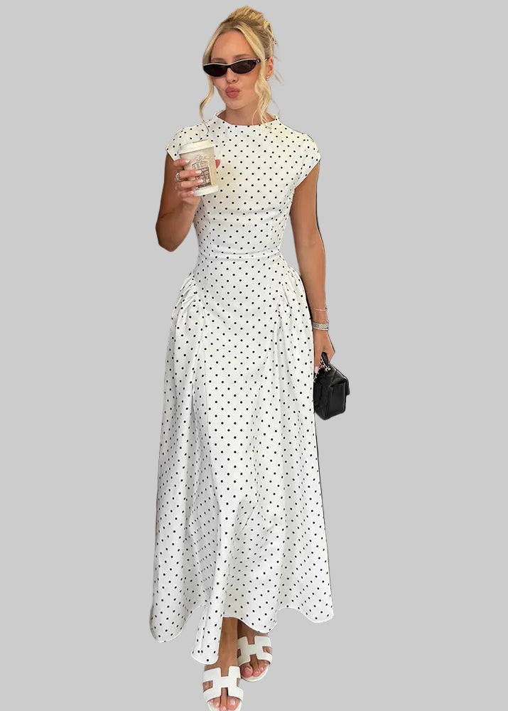 Women's Long Polka Dot Dress – High Neck, Short Sleeves, A-Line Cut