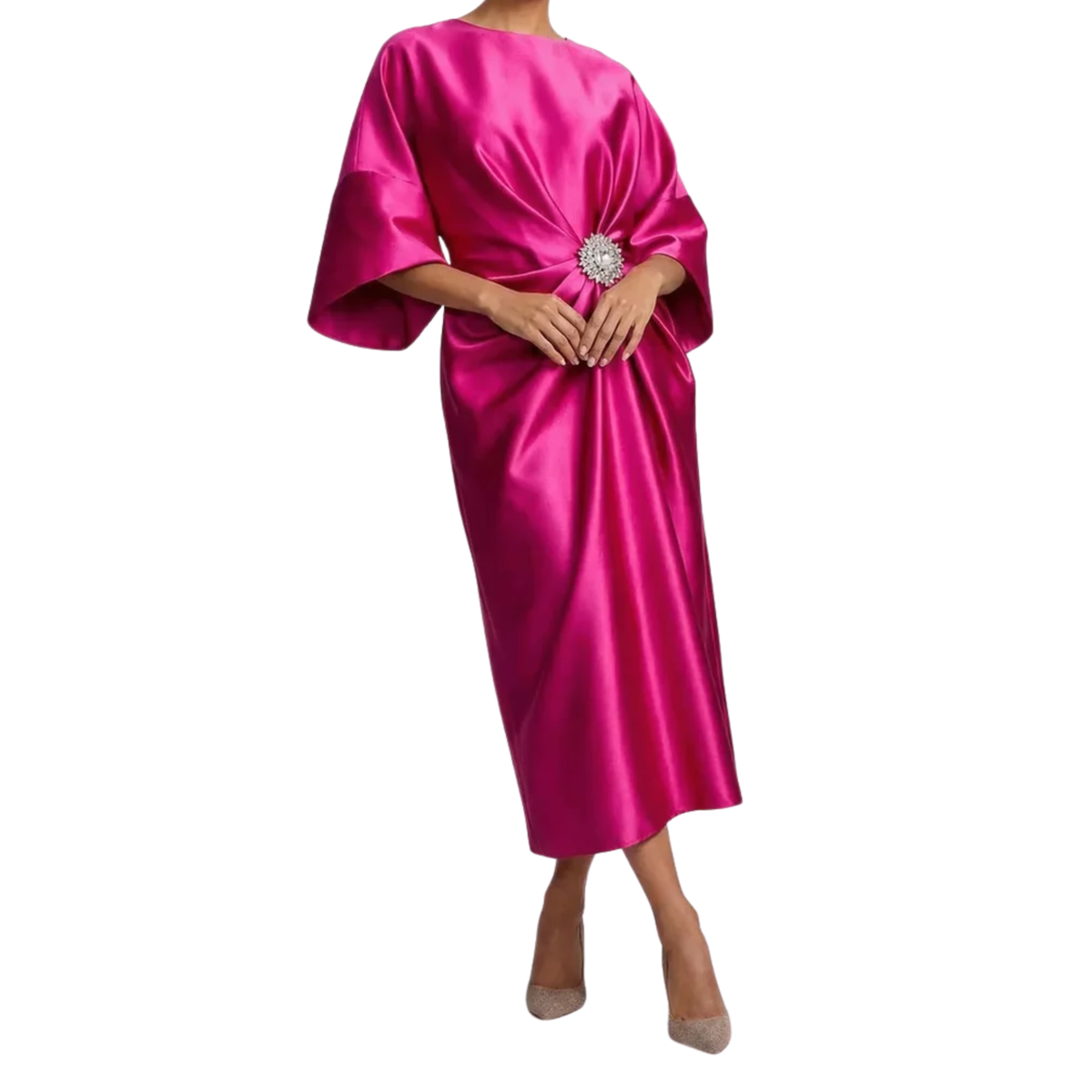 Women's Satin Midi Dress – Batwing Sleeves & Jewel Draped Waist