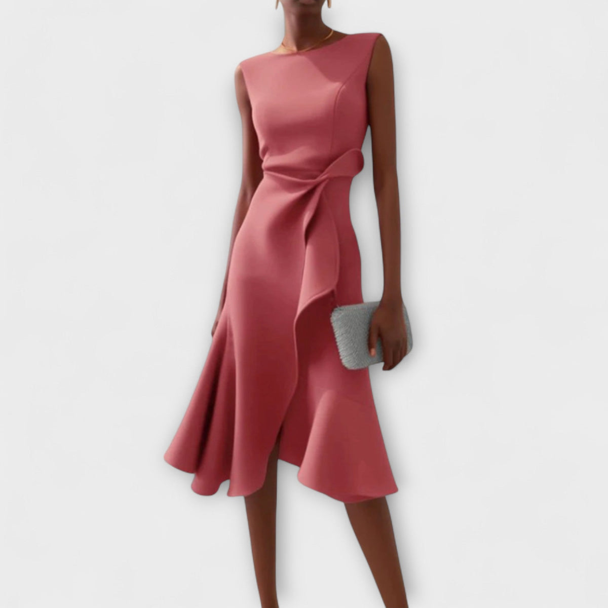 Women's Structured Sleeveless Midi Dress – Round Neck Fitted Flared Hem