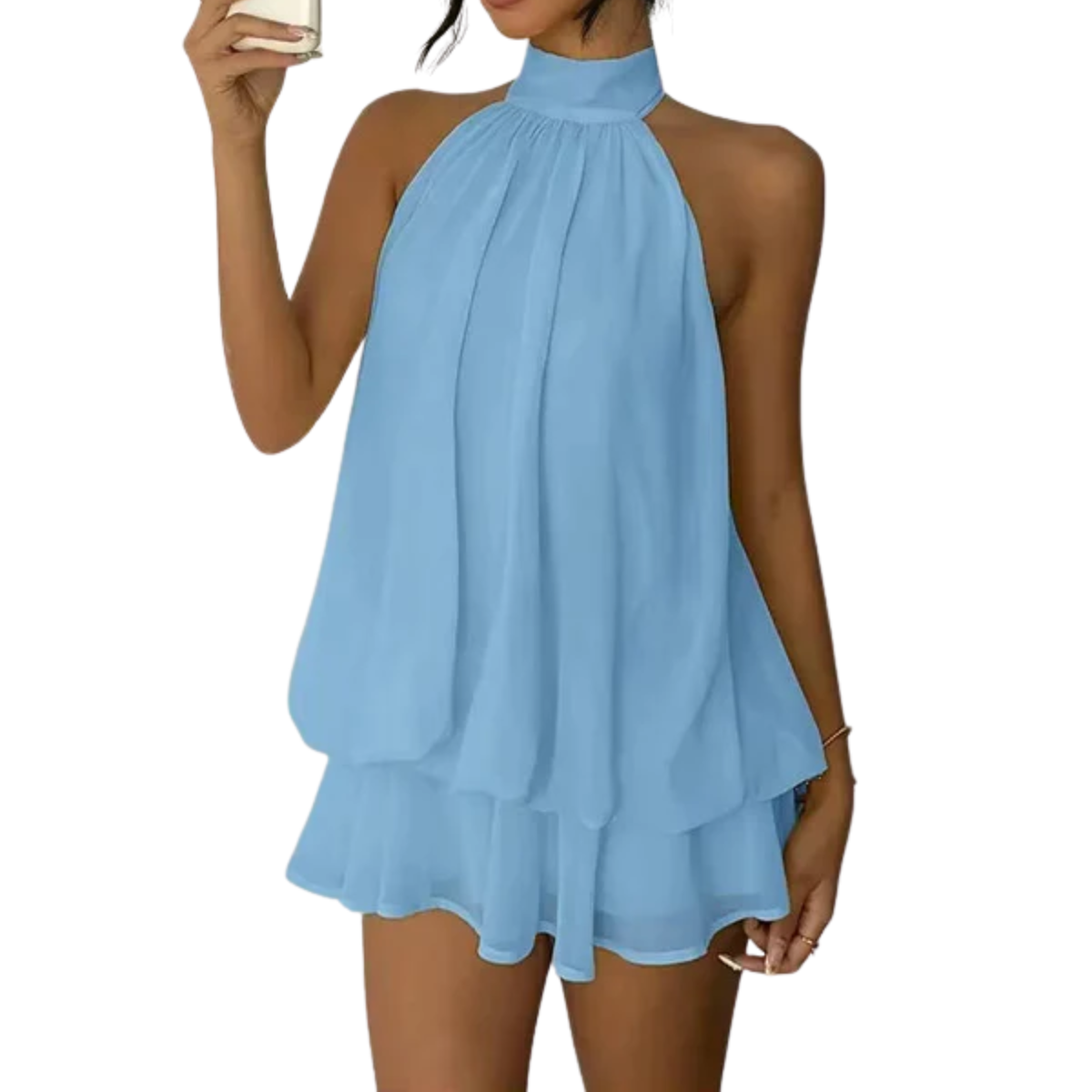 Women's Mini Dress with Layered Ruffles – Backless Halter Trapeze