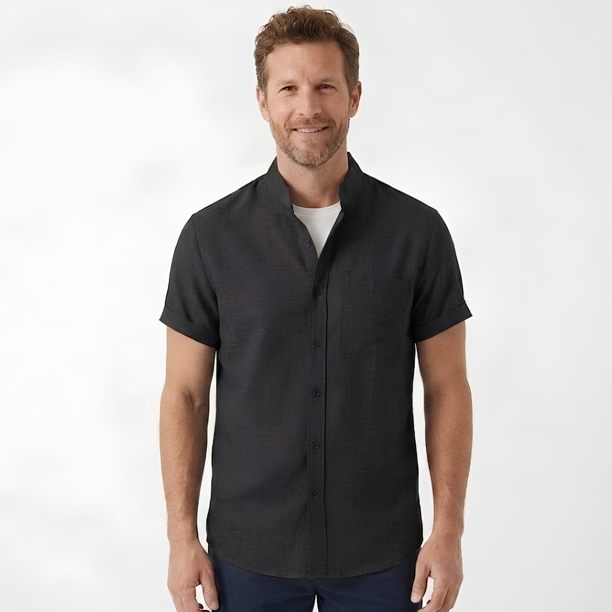 Men's Cotton-Linen Short Sleeve Shirt – Mandarin Collar Straight Cut