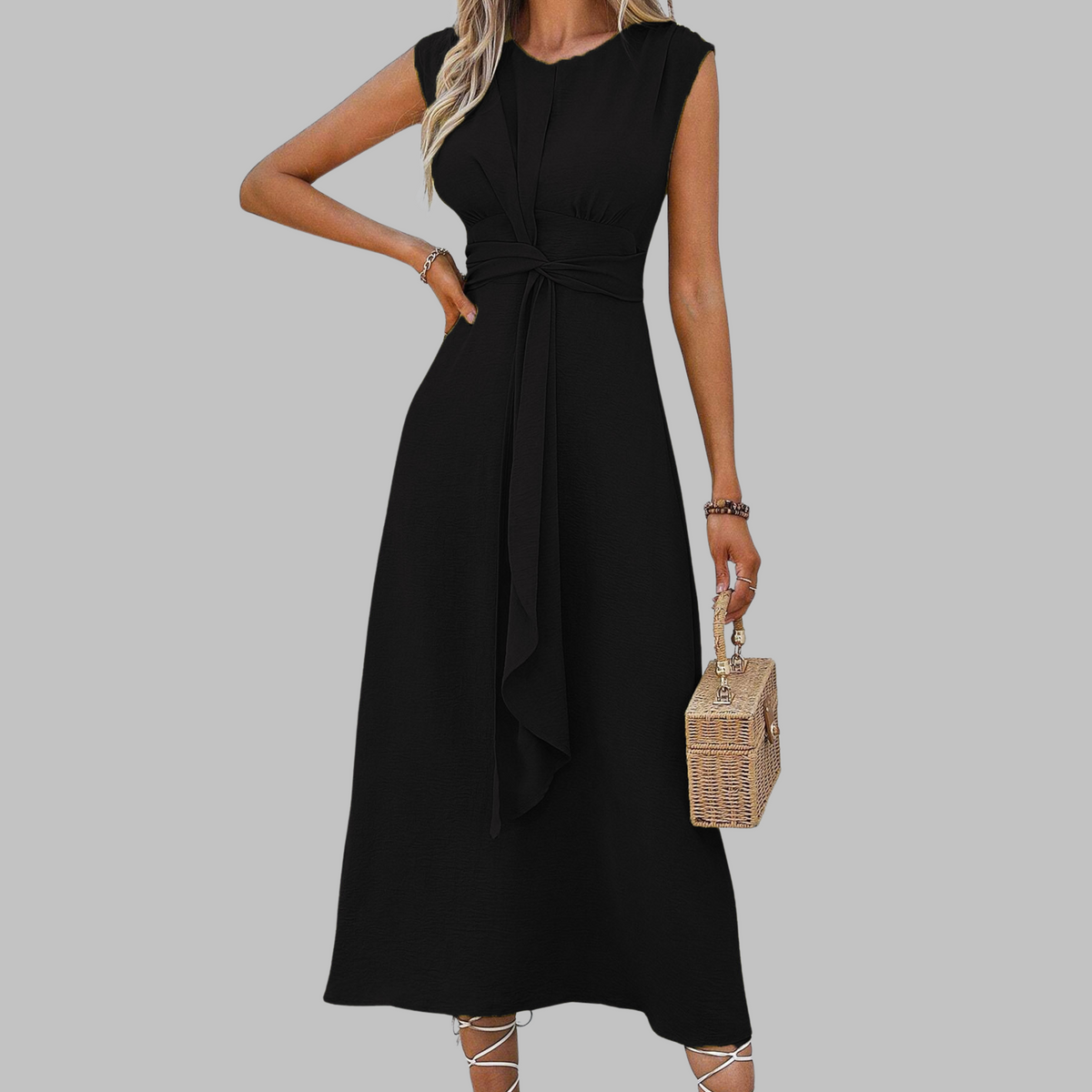Women's Mid-Length Sleeveless Dress – Round Neck and Tied Belt