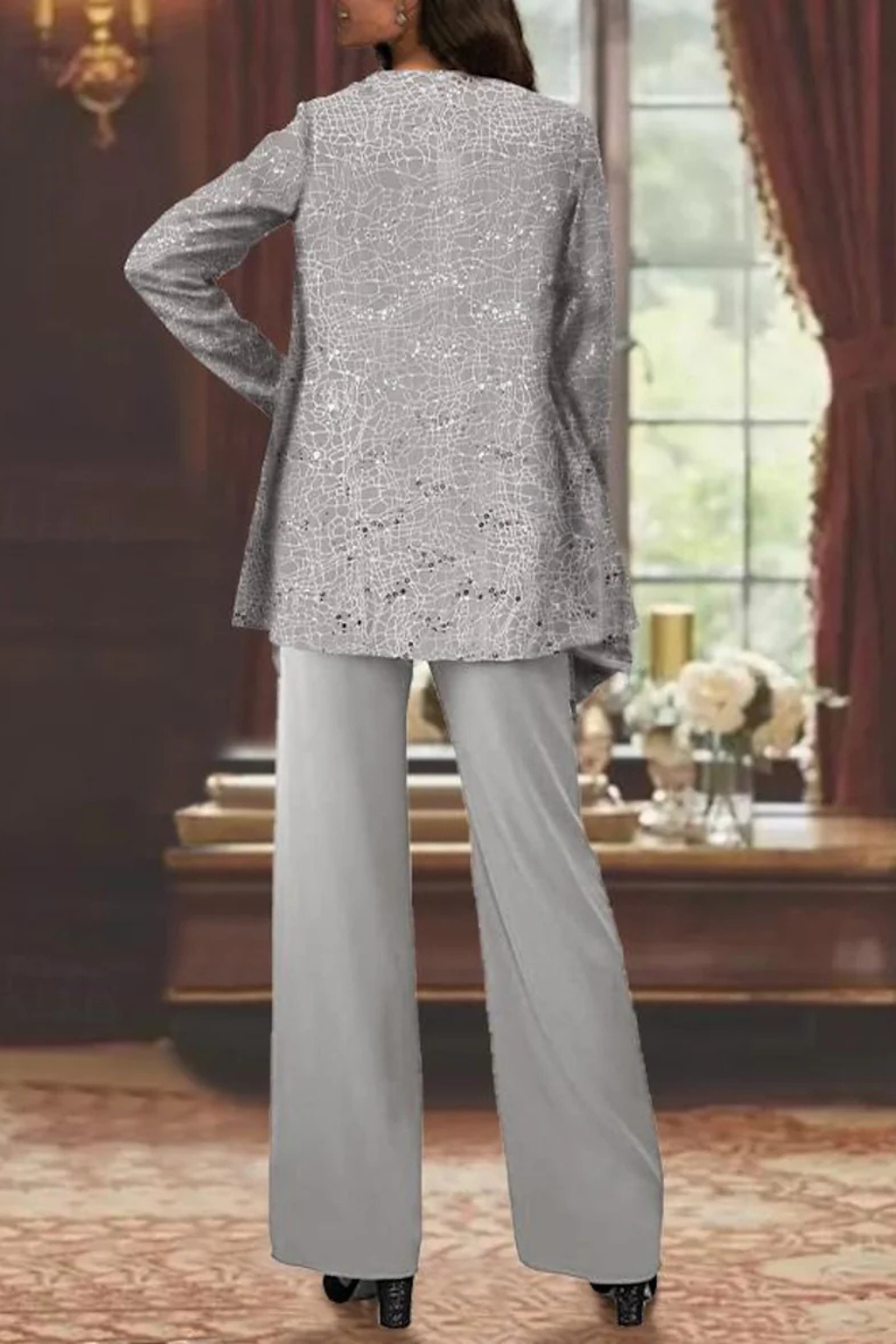 Three-Piece Women's Costume with Sequins and Lace – Wide-Leg Pants