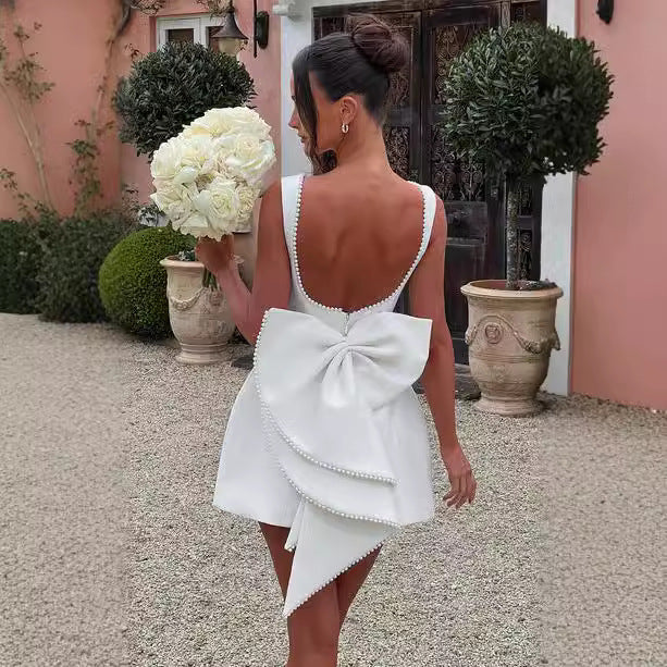 Women's A-Line Mini Dress with Open Back – Sleeveless, Beaded Bow