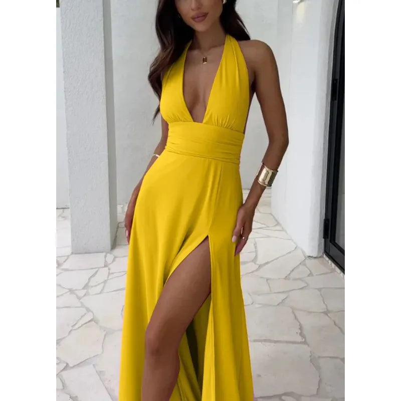 Women's Long Halter Dress – Deep V-Neck, High Waist, and Side Slit