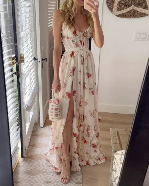 Women's Floral Lace-Up Maxi Dress – Fitted Cut with Side Split