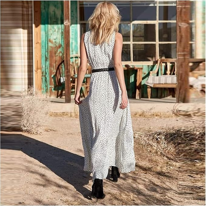 Women's Bohemian Polka Dot Maxi Dress – V-Neck Sleeveless