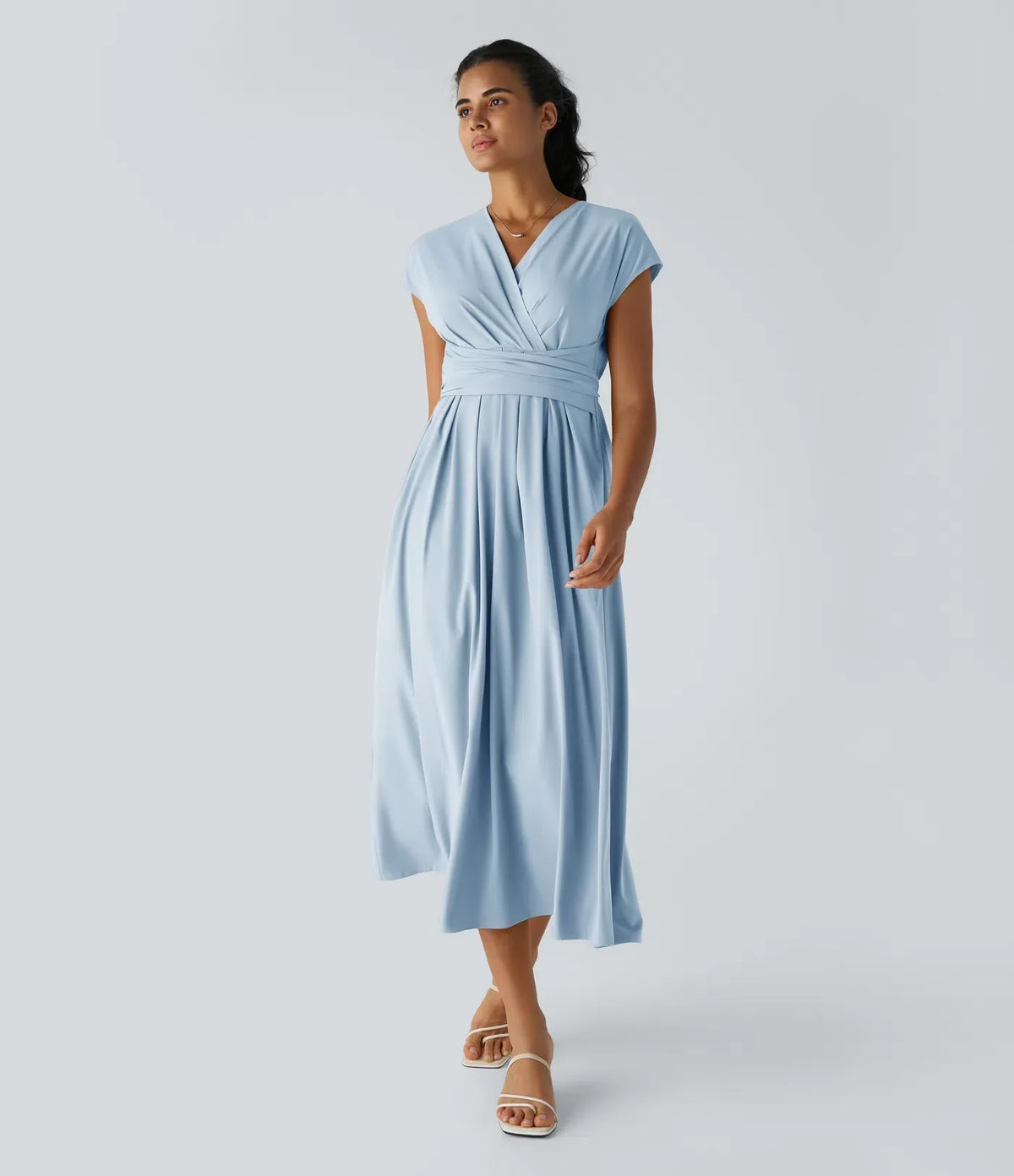 Women's Lightweight V-Neck Midi Dress – Elasticated Waist, Flared Cut