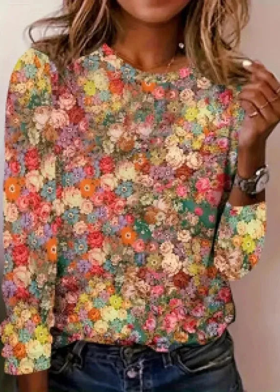 Women's Long-Sleeve Knit Top – Gradient Floral Print, Round Neck