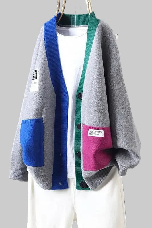 Women's Oversized Cardigan V-Neck – Casual Buttoned Patchwork