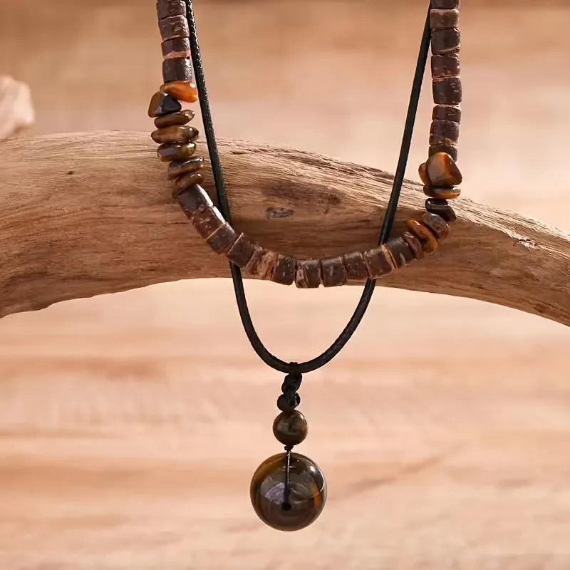 Men's Wooden Bead Necklace with Turquoise Pendant – Double Strand