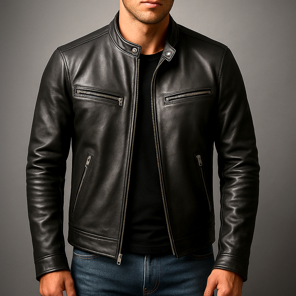 Men’s Vintage Leather Jacket – Stand Collar Structured Cut Zip Fastening Pockets