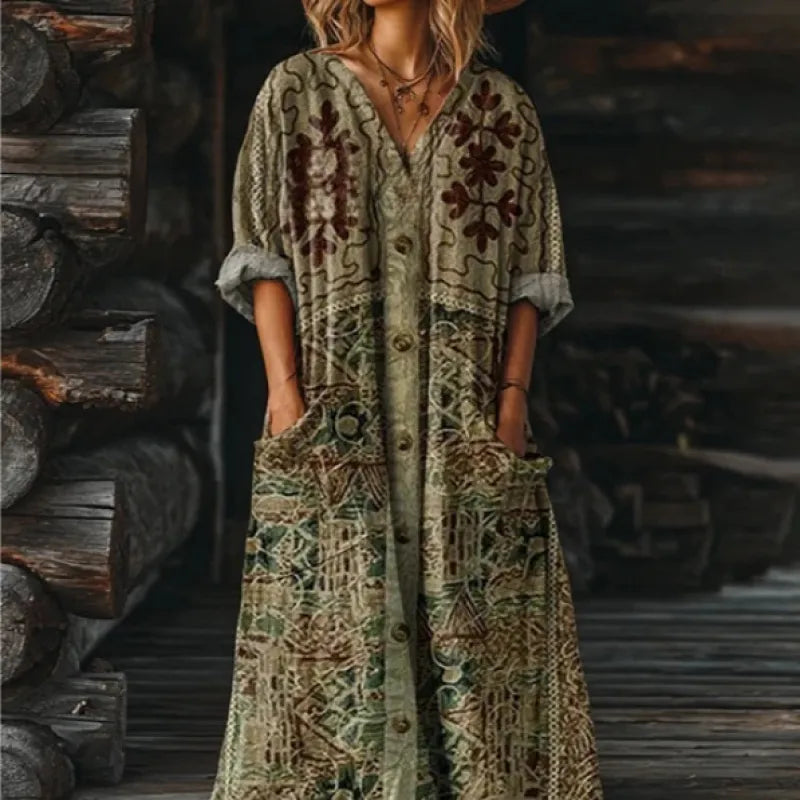 Women's Floral Vintage Print Maxi Dress – Relaxed V-Neck with Pockets