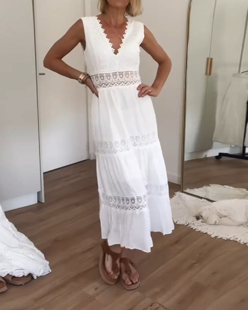 Women's White Bohemian Lace Midi Dress – V-Neck Sleeveless