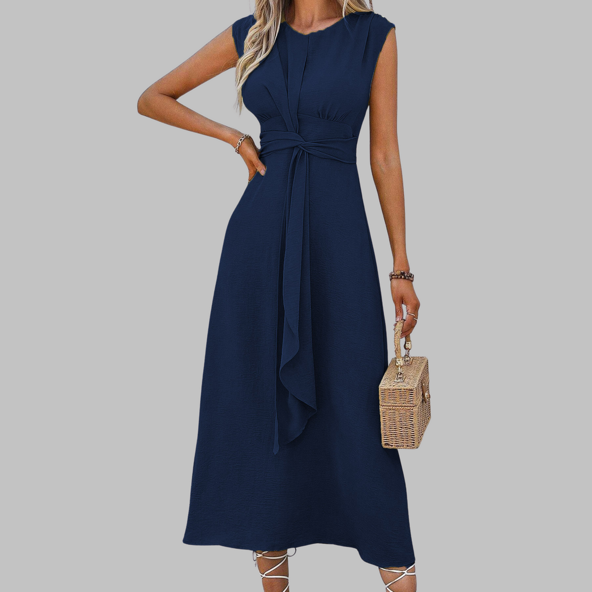 Women's Mid-Length Sleeveless Dress – Round Neck and Tied Belt