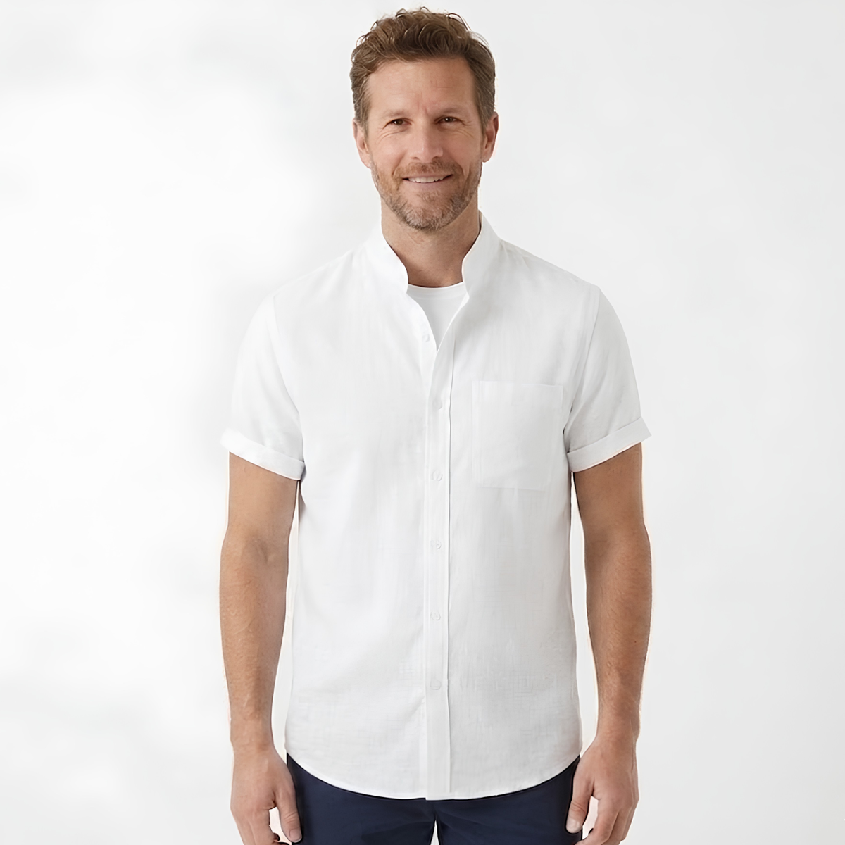 Men's Cotton-Linen Short Sleeve Shirt – Mandarin Collar Straight Cut