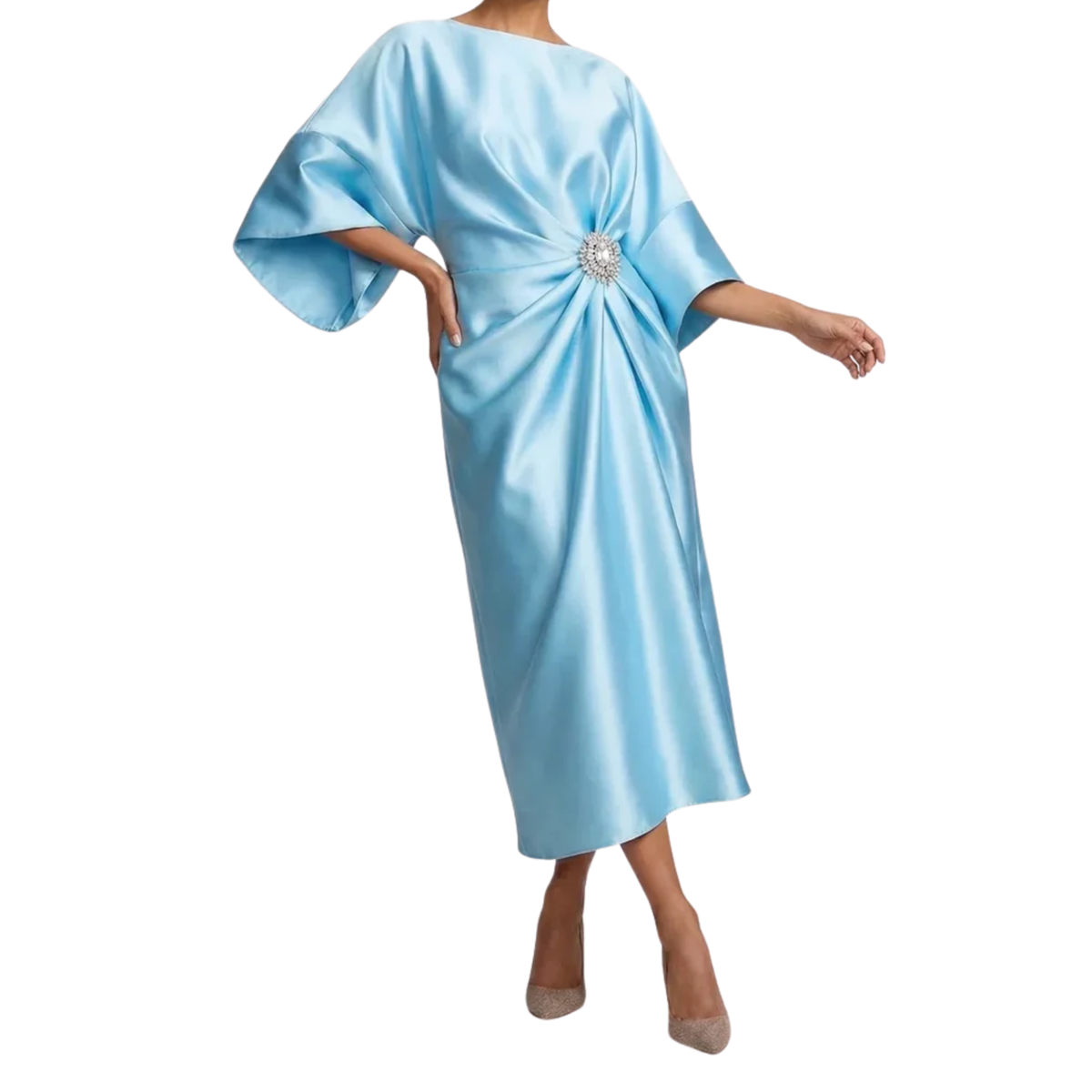 Women's Satin Midi Dress – Batwing Sleeves & Jewel Draped Waist