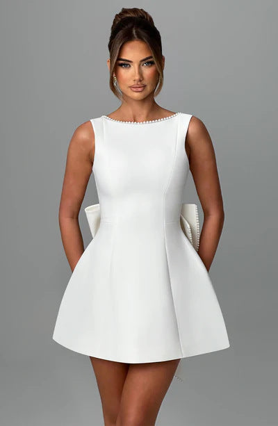 Women's A-Line Mini Dress with Open Back – Sleeveless, Beaded Bow